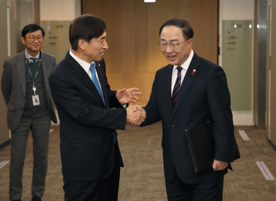 19일 서울 중구 한국은행 본관에서 열린 오찬 간담회에서 이주열 한은 총재(왼쪽)와 홍남기 경제부총리 겸 기획재정부 장관이 손을 맞잡고 대화를 나누고 있다. 한은 제공